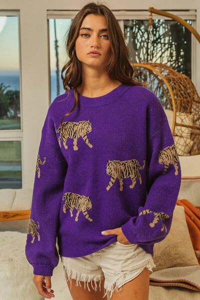 Trina Tiger Pattern Long Sleeve Sweater