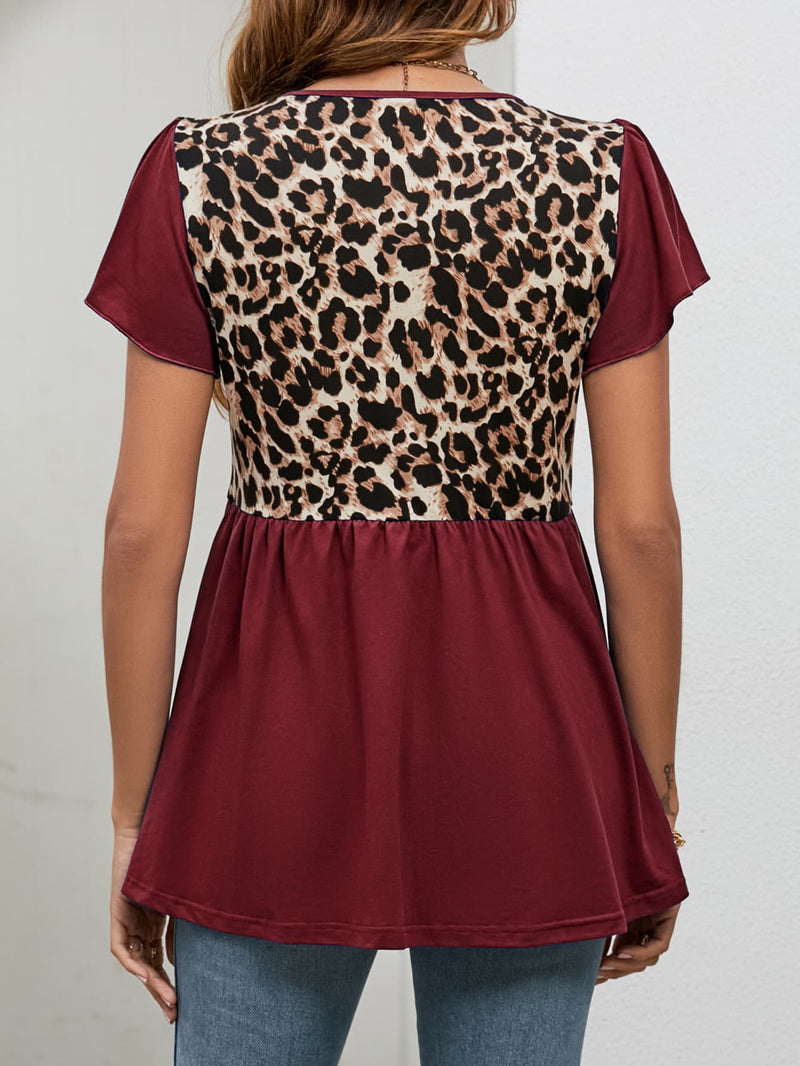 Lucca Leopard Round Neck Flutter Sleeve Babydoll Blouse - Deal of the Day!