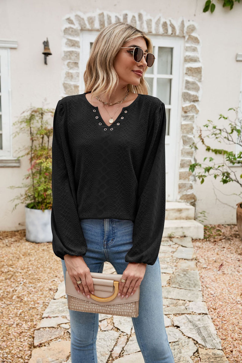 Rowe Eyelet Notched Neck Balloon Sleeve Blouse- Deal of the Day!