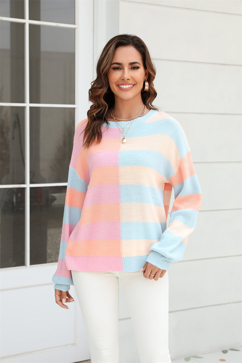 Goldie Round Neck Long Sleeve Color Block Dropped Shoulder Pullover Sweater