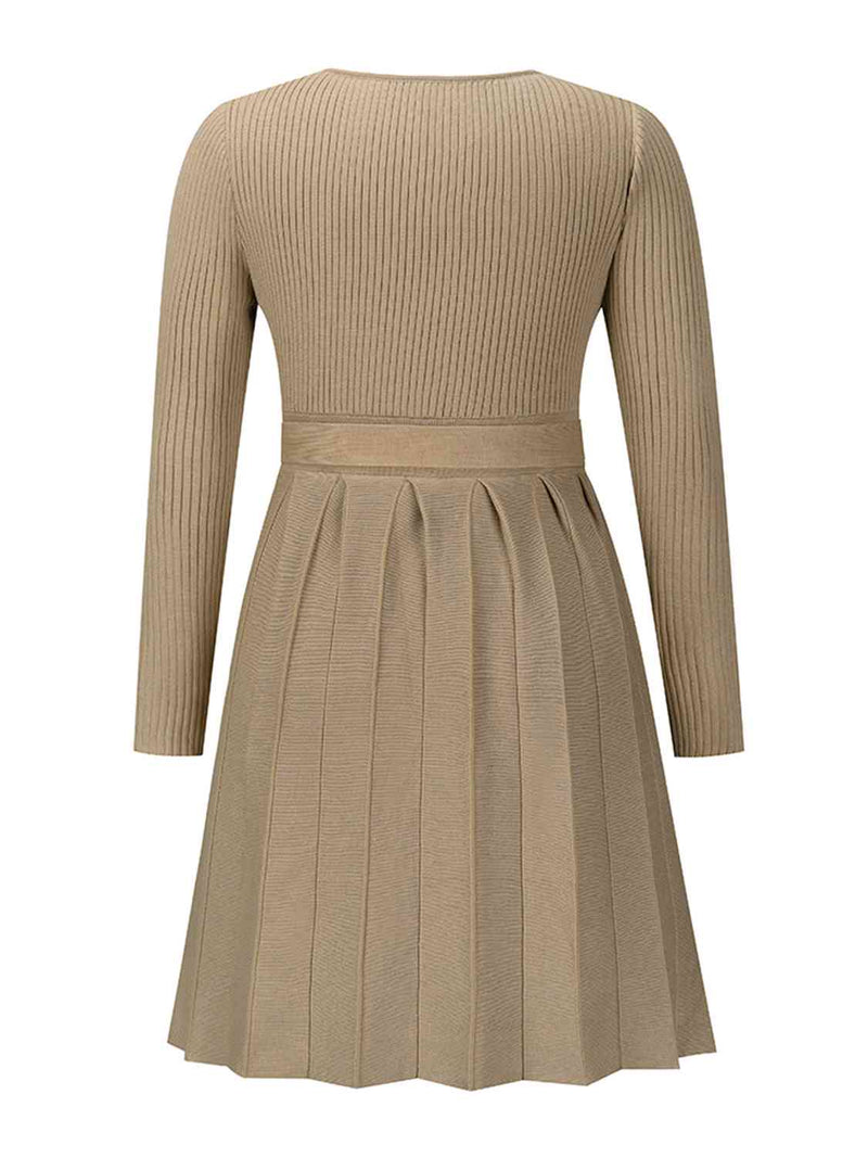 Ryah Surplice Neck Tie Front Pleated Sweater Dress
