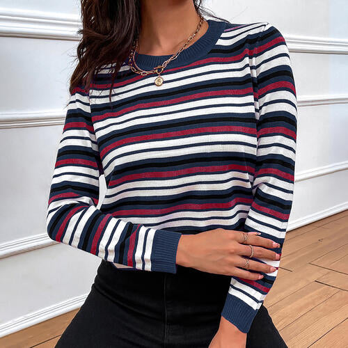 Alondra Striped Round Neck Long Sleeve Sweater