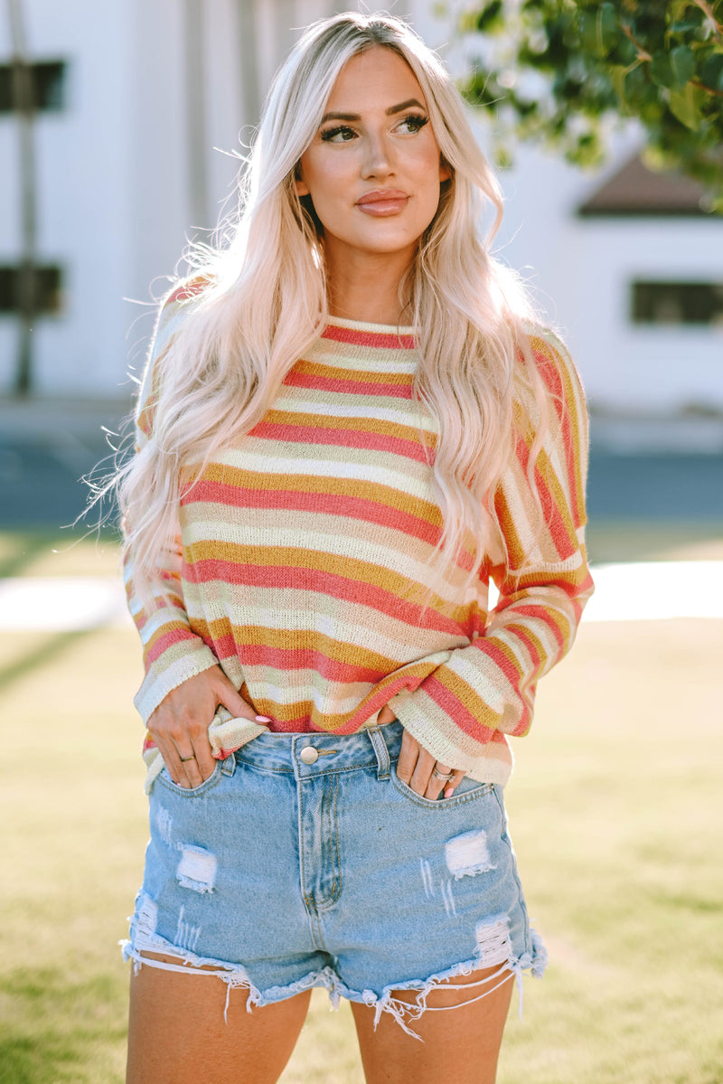 Ellie Striped Round Neck Dropped Shoulder Pullover Sweater