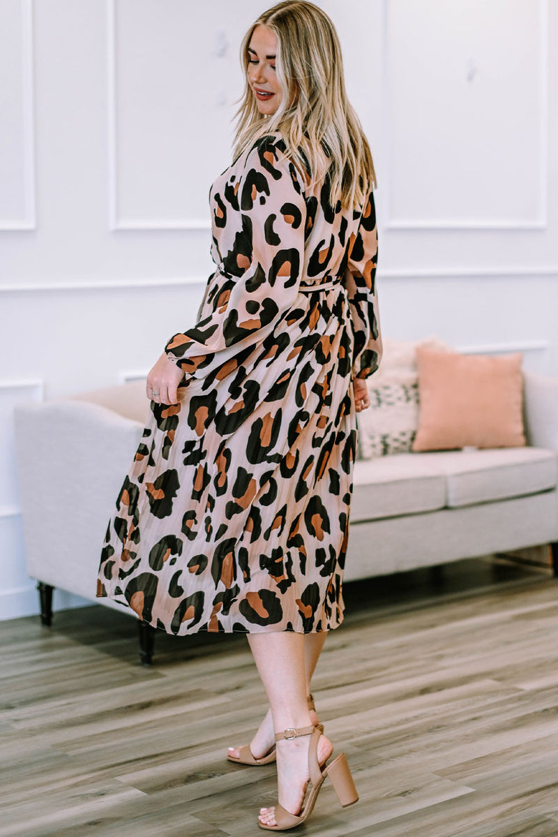 Selma Plus Size Leopard Print Surplice Neck Long Sleeve Midi Dress