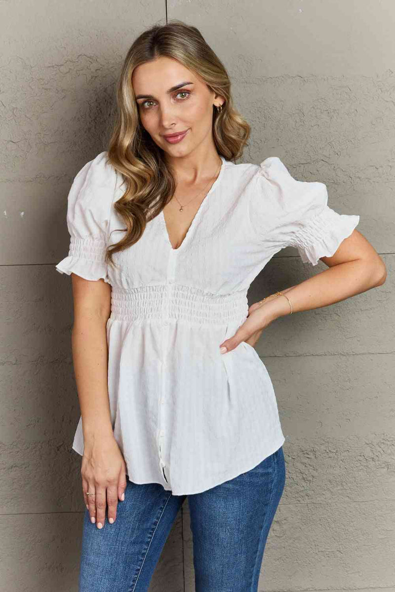 Serenity Full Size V-Neck Puff Sleeve Button Down Top