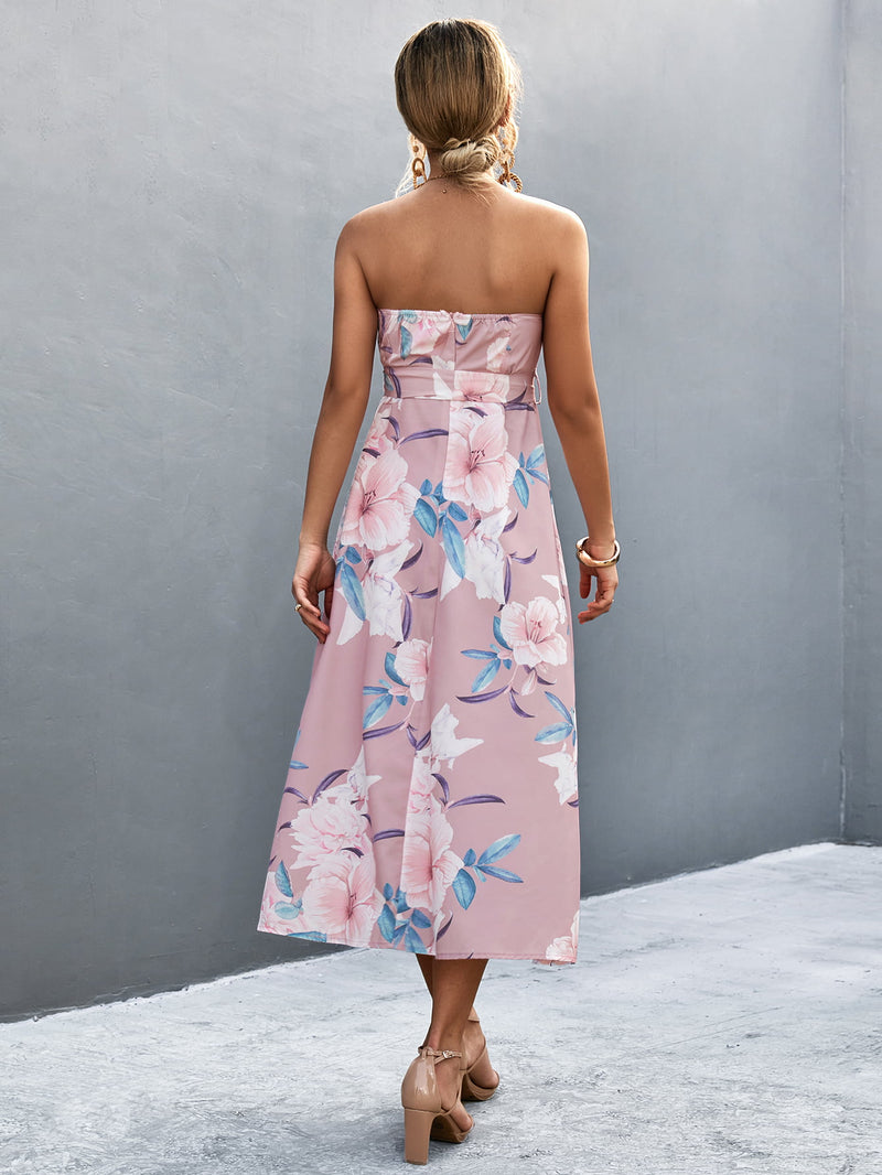 Zane Floral Print Tie Waist Straight Neck Midi Dress -- Deal of the day!