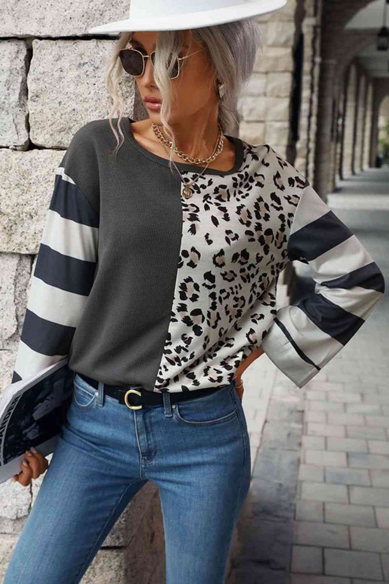Tristan Leopard Striped Round Neck Long Sleeve Tee