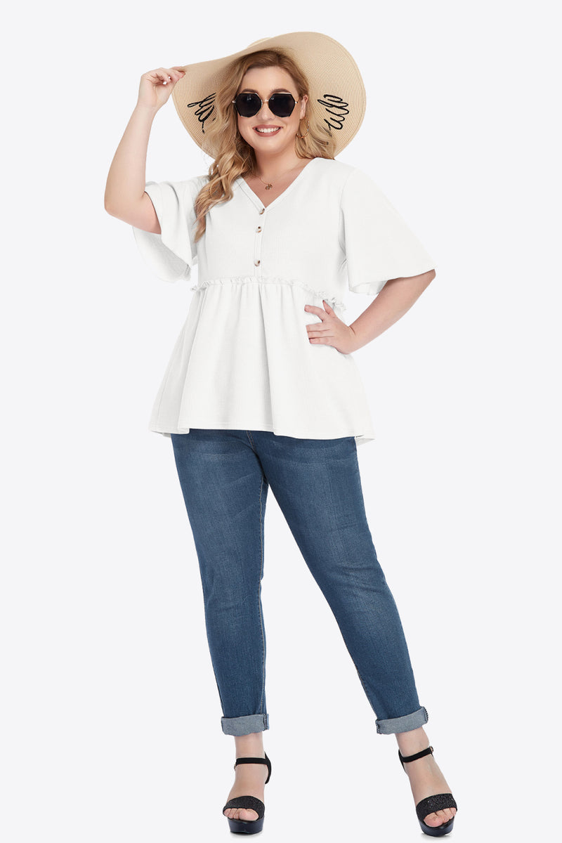Deal of the Day Carly Plus Size Buttoned V-Neck Frill Trim Babydoll Blouse