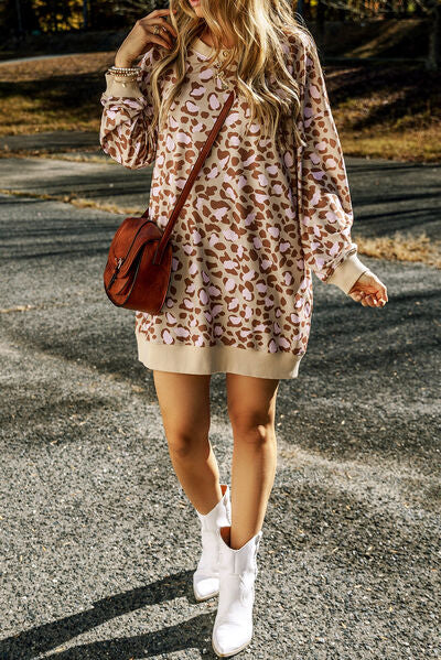 Tralley Leopard Round Neck Long Sleeve Dress -- Deal of the day!
