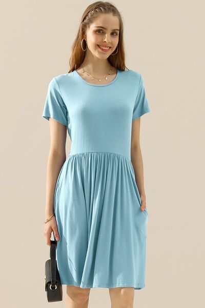 Caspar Full Size Round Neck Ruched Dress with Pockets
