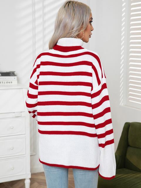 Jill Striped Slit Turtleneck Drop Shoulder Sweater
