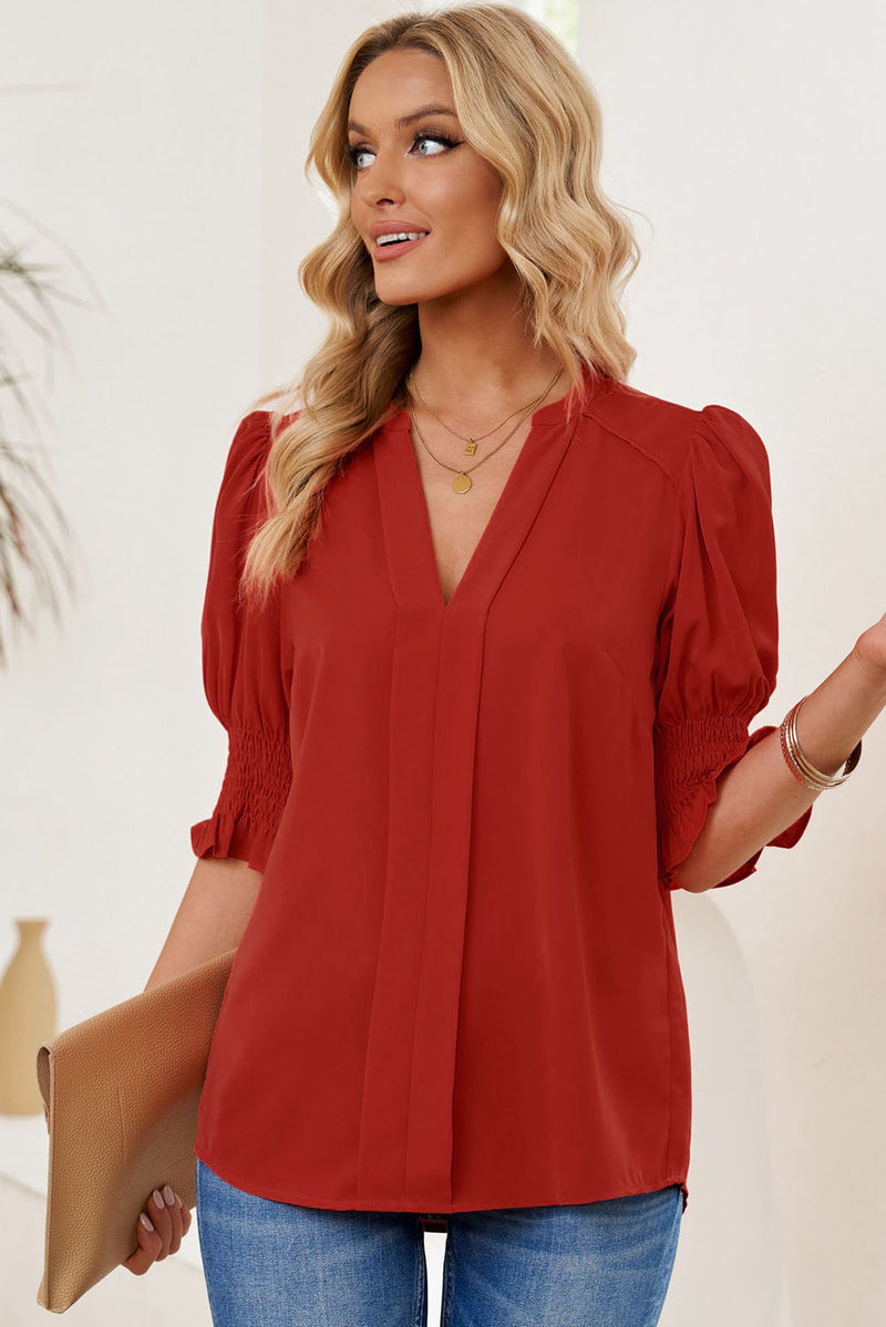 Sylvia Smocked Flounce Sleeve Notched Neck Blouse- Deal of the Day!