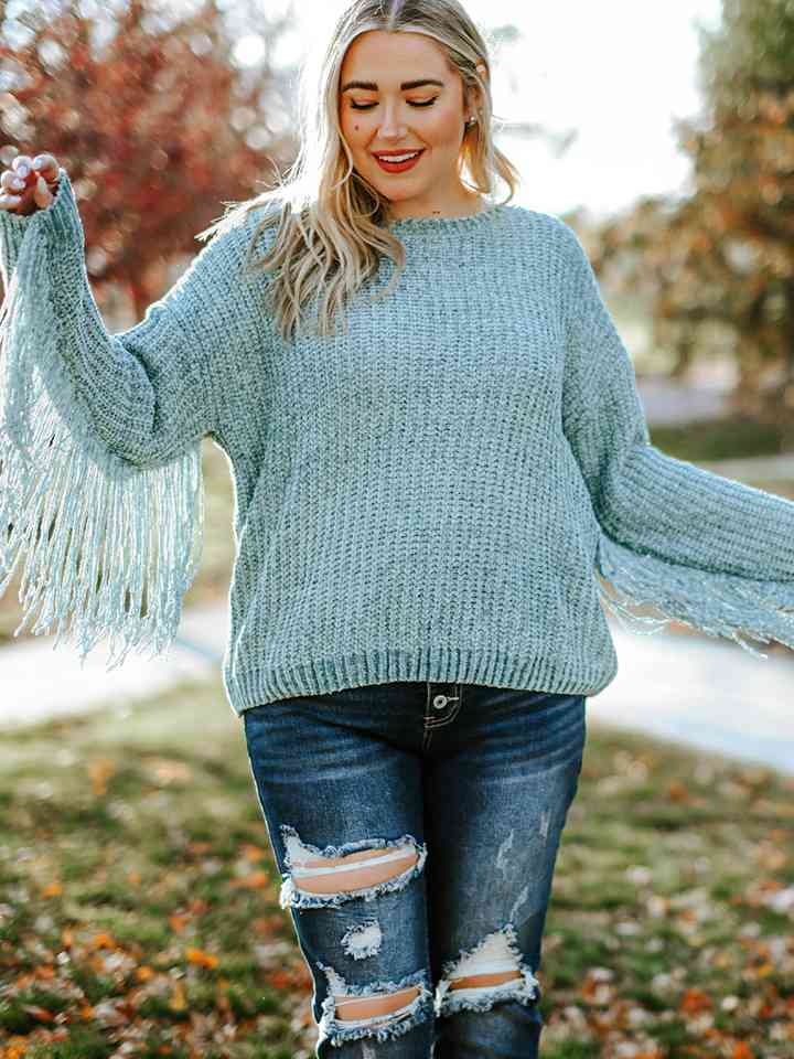 Tannika Plus Size Round Neck Long Sleeve Fringe Detail Sweater