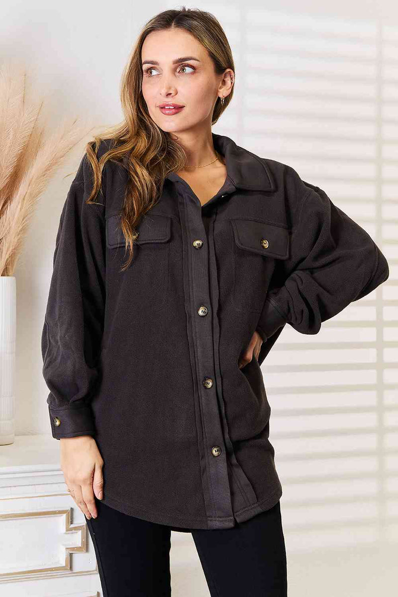 Cozy Girl Full Size Button Down Shacket in Charcoal