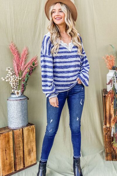 Andra Striped Lace Detail V Neck Top