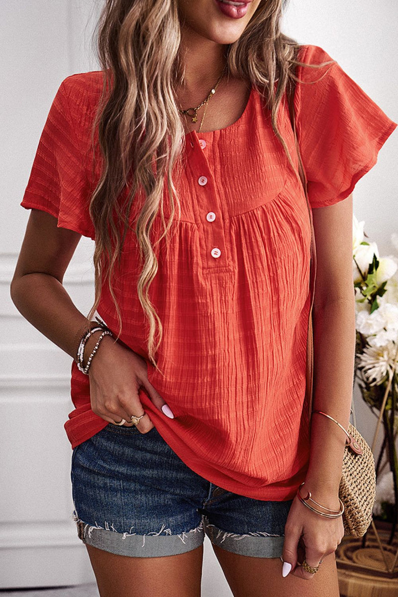 Flynn Quarter-Button Round Neck Short Sleeve Top -- Deal of the day!
