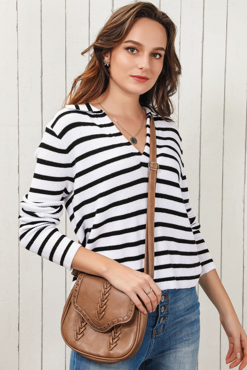 Mila Striped Johnny Collar Long Sleeve Knit Top