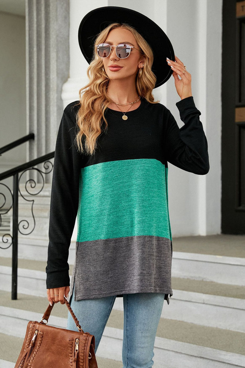 Lexy Color Block Round Neck Long Sleeve Slit T-Shirt