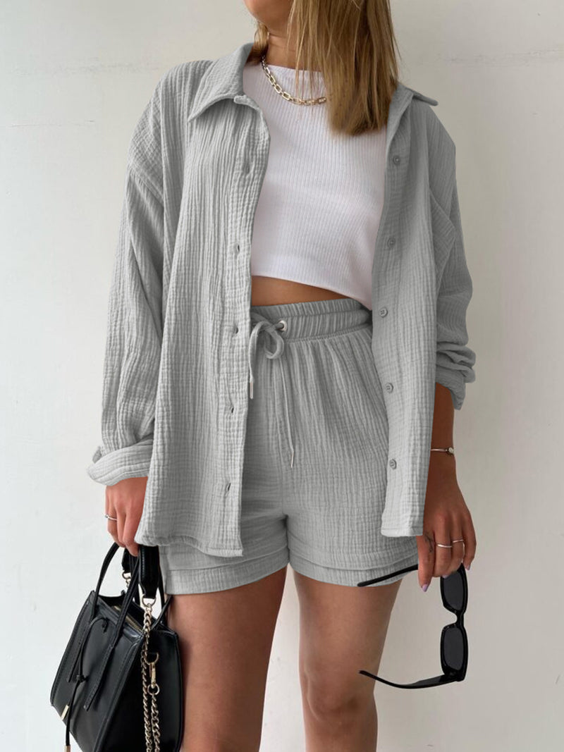 Audry Texture Button Up Shirt and Drawstring Shorts Set