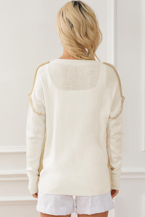 Chrysta Exposed Seam Round Neck Long Sleeve Sweater