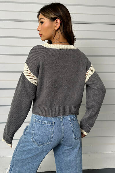 Shaylynn Contrast Openwork Long Sleeve V-Neck Sweater