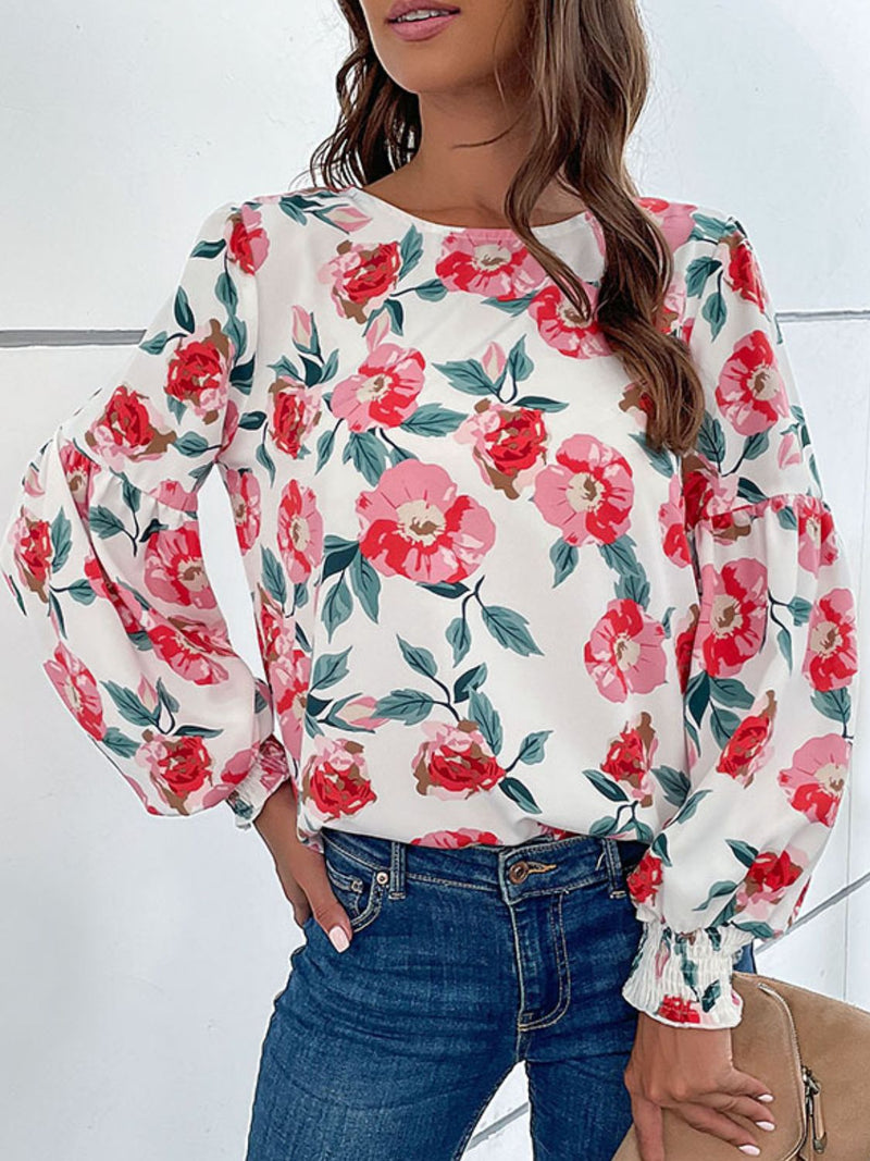 Bella Floral Long Puff Sleeve Round Neck Blouse