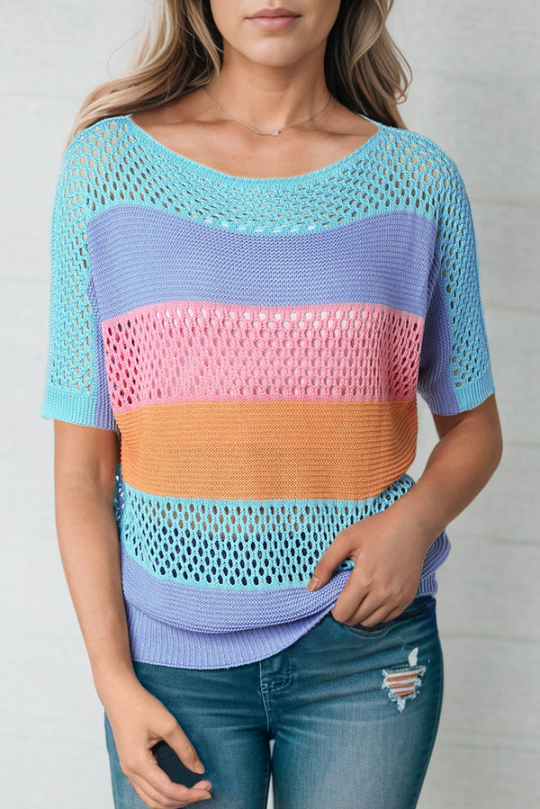 Eloise Color Block Openwork Round Neck Pullover Sweater