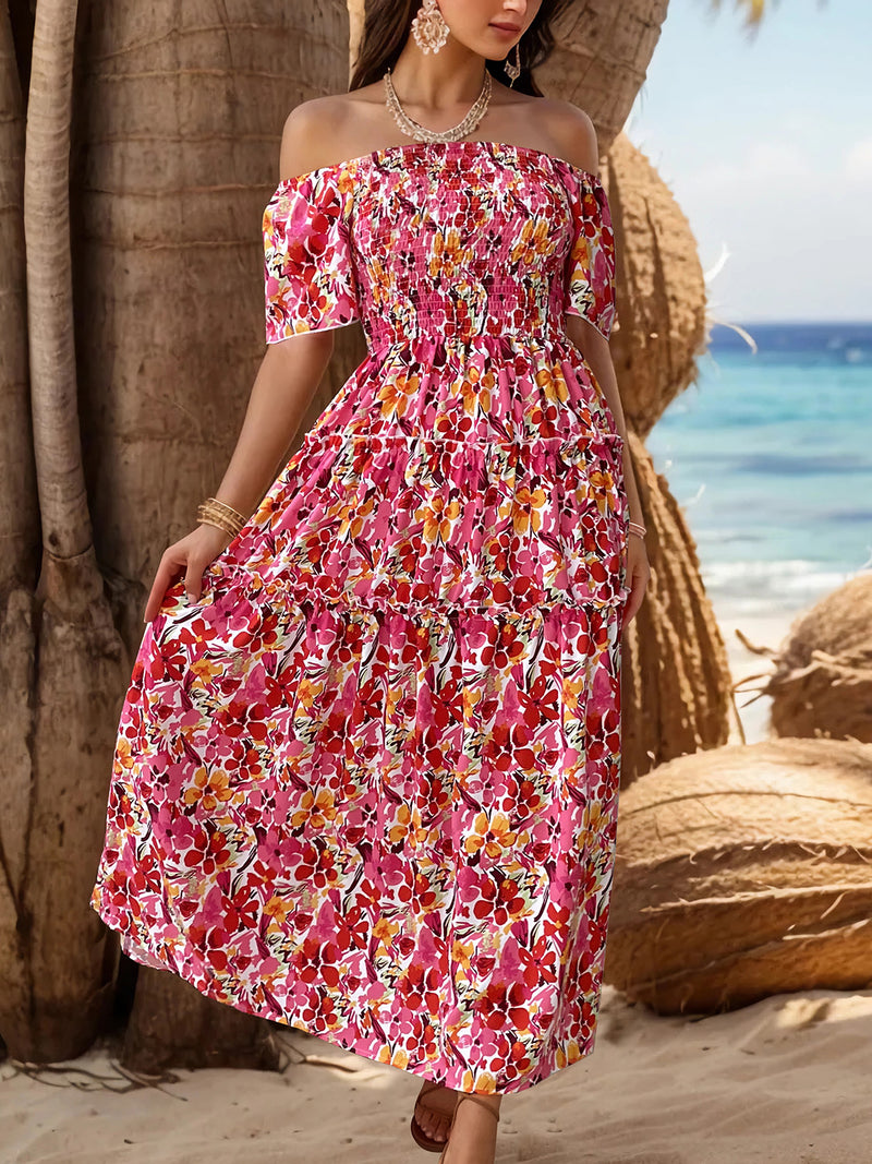Trudy Slit Floral Off-Shoulder Short Sleeve Dress