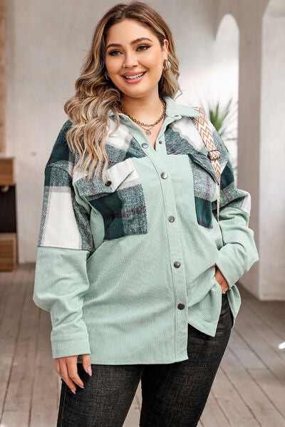 Caprice Plus Size Plaid Snap Down Jacket with Pockets