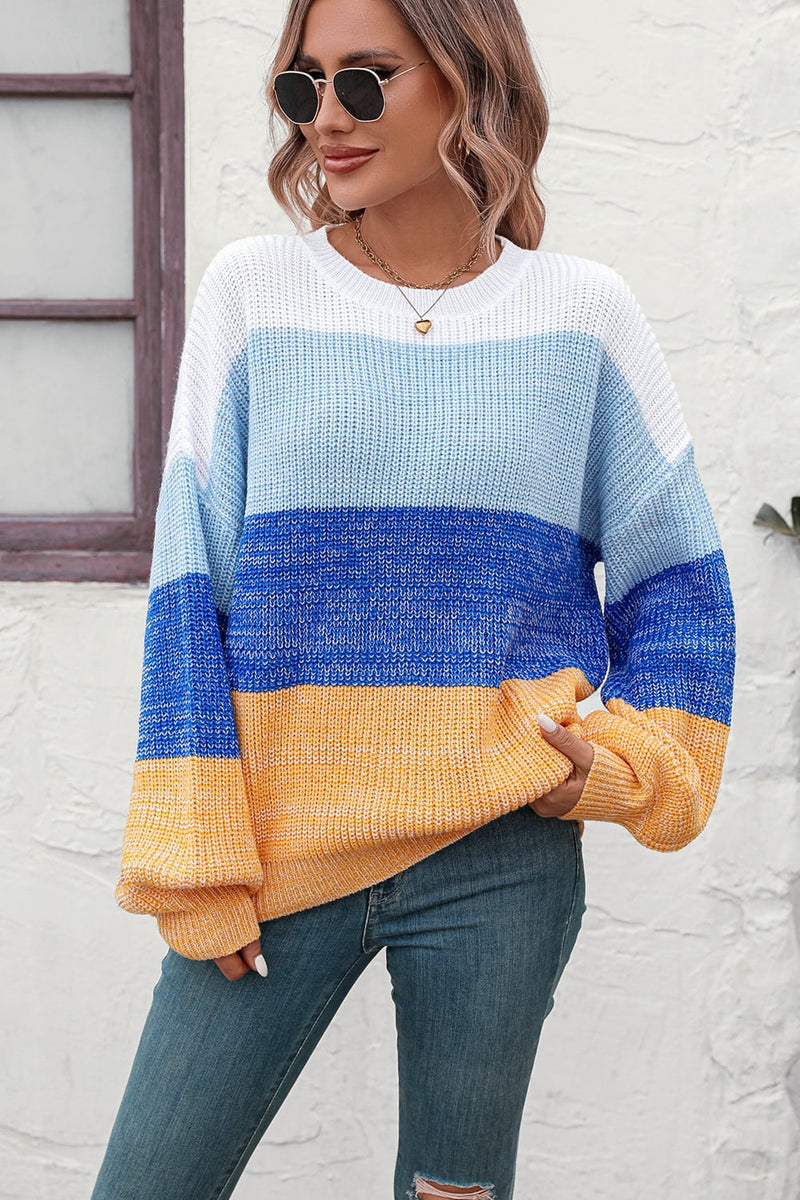 Topanga Round Neck Color Block Ribbed Pullover Sweater