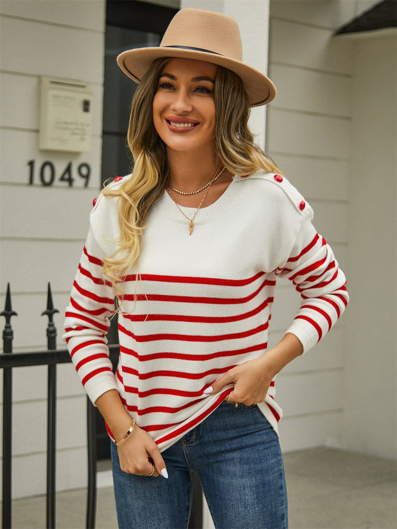Tara Round Neck Shoulder Button Striped Pullover Sweater