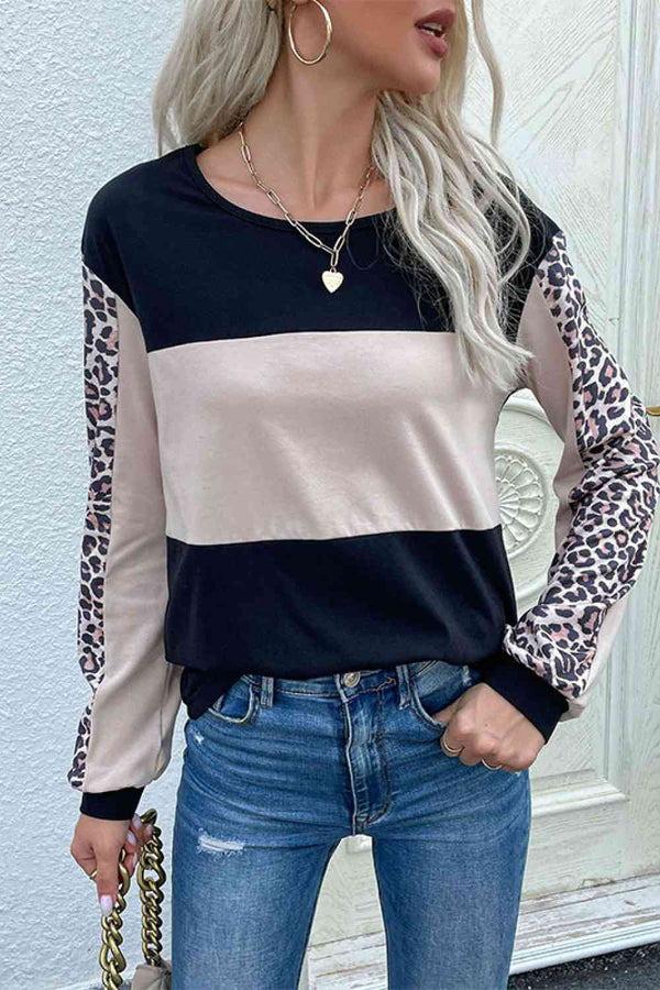 Raylie Leopard Color Block Long Sleeve Sweatshirt