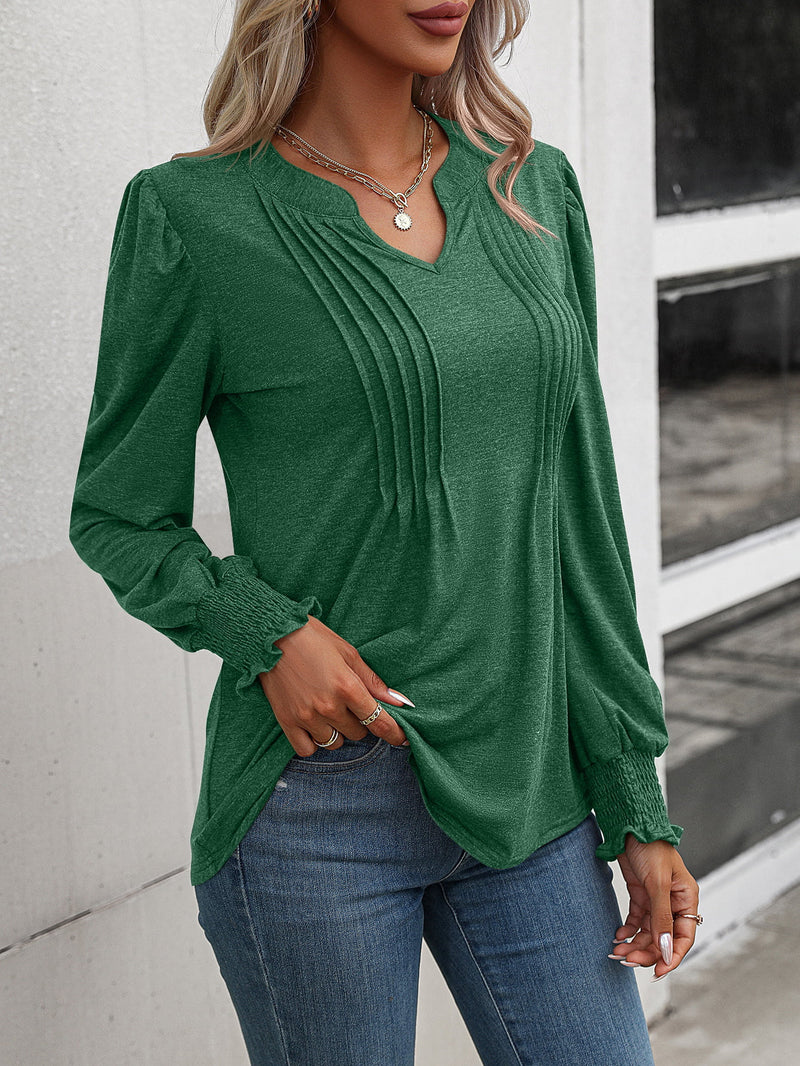Tabitha Ruched Notched Neck Puff Sleeve Smocked Wrist Blouse- Deal of the Day!