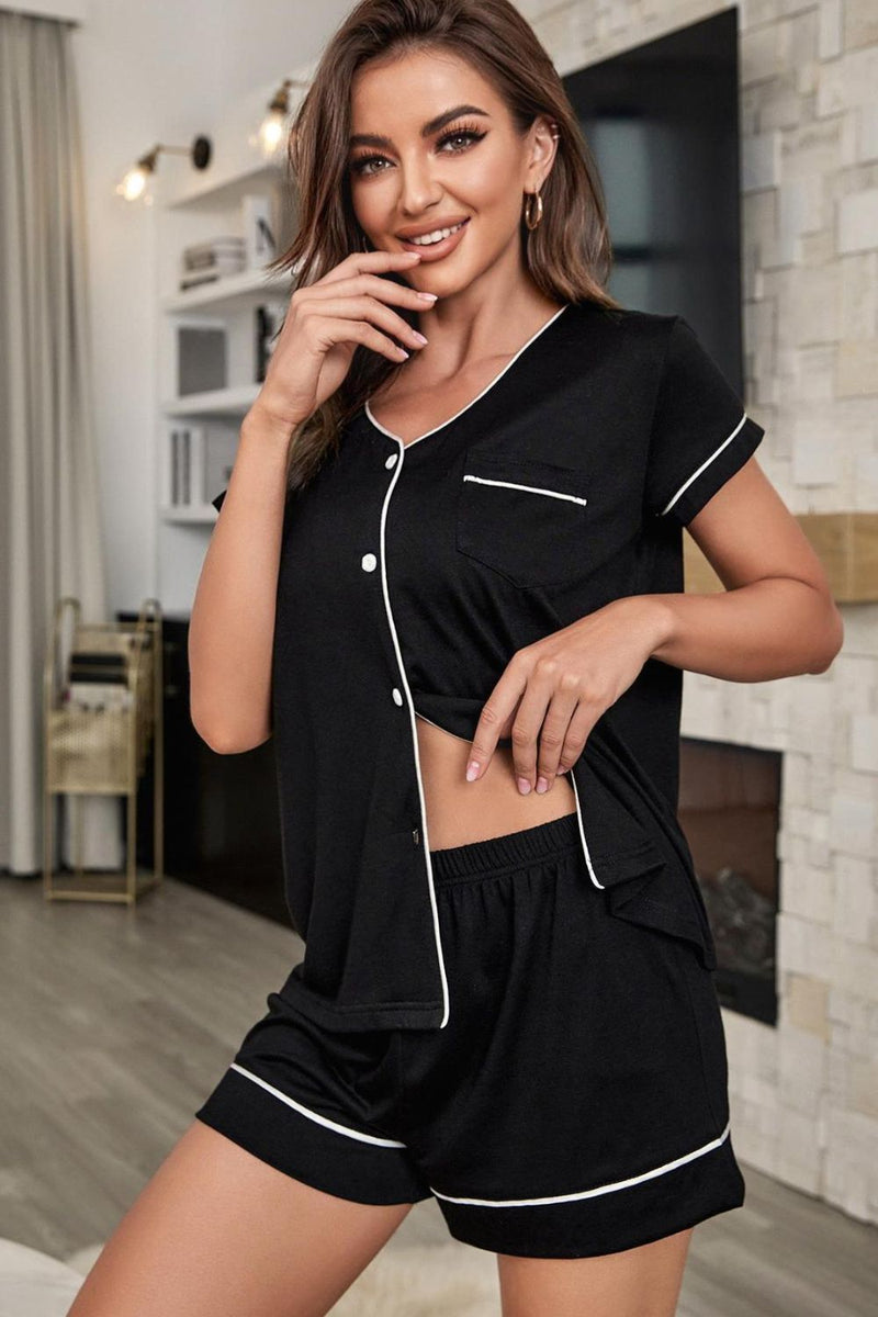 Maisie Contrast Piping Button-Up Top and Shorts Pajama Set