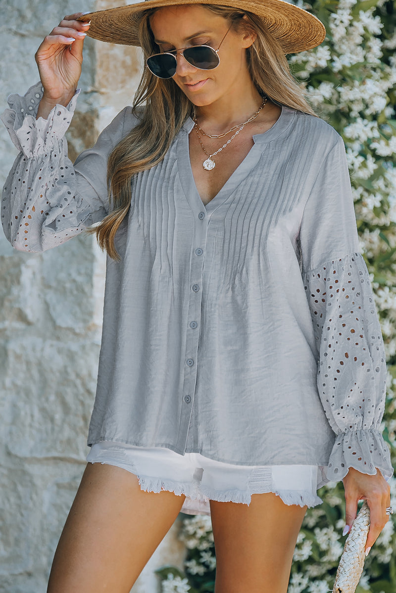 Ruhn Eyelet Button Front Notched Neck Blouse- Deal of the Day!