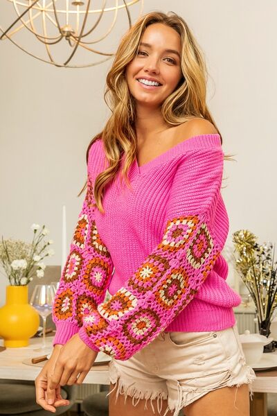 Camilla V-Neck Crochet Long Sleeve Sweater