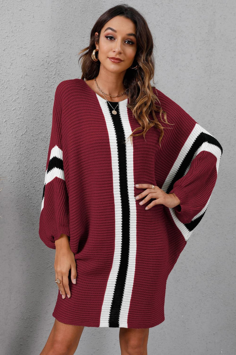 Cosette Ribbed Round Neck Long Sleeve Sweater Dress