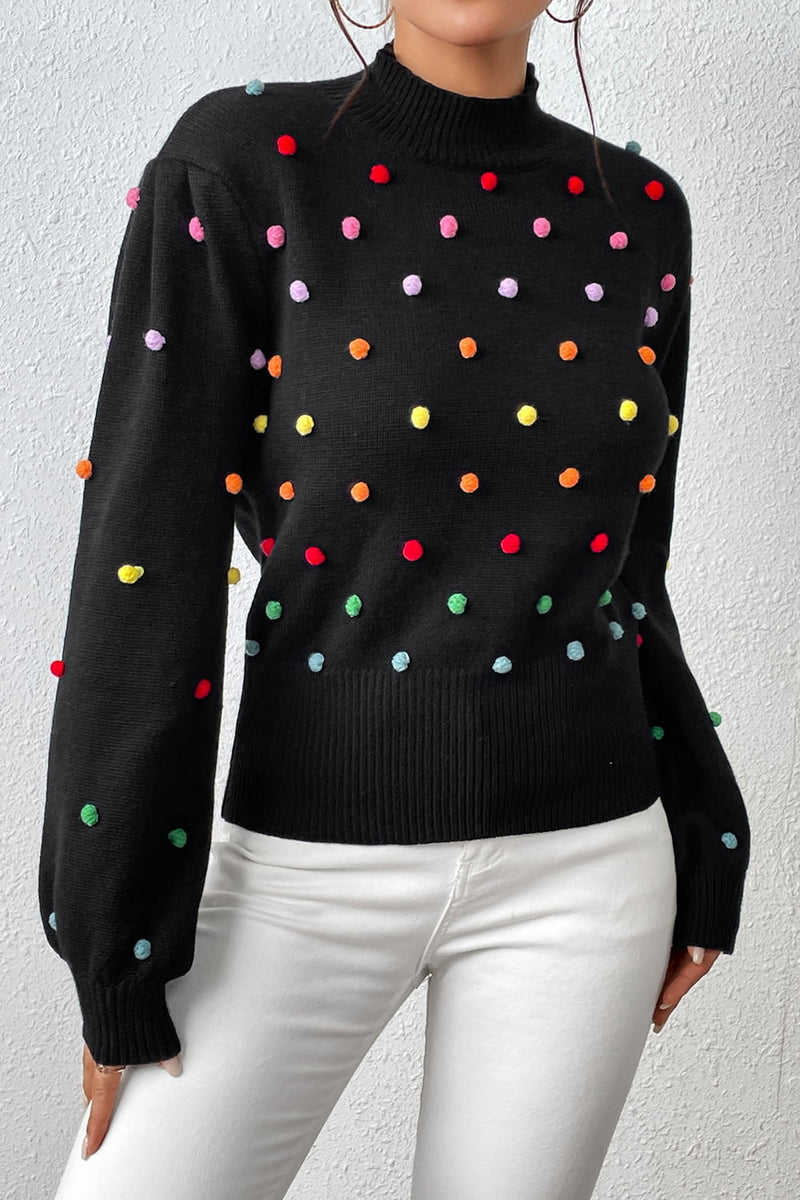 Kara Pom-Pom Trim Mock Neck Long Sleeve Pullover Sweater