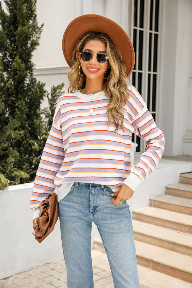 Tala Striped Round Neck Dropped Shoulder Knit Top