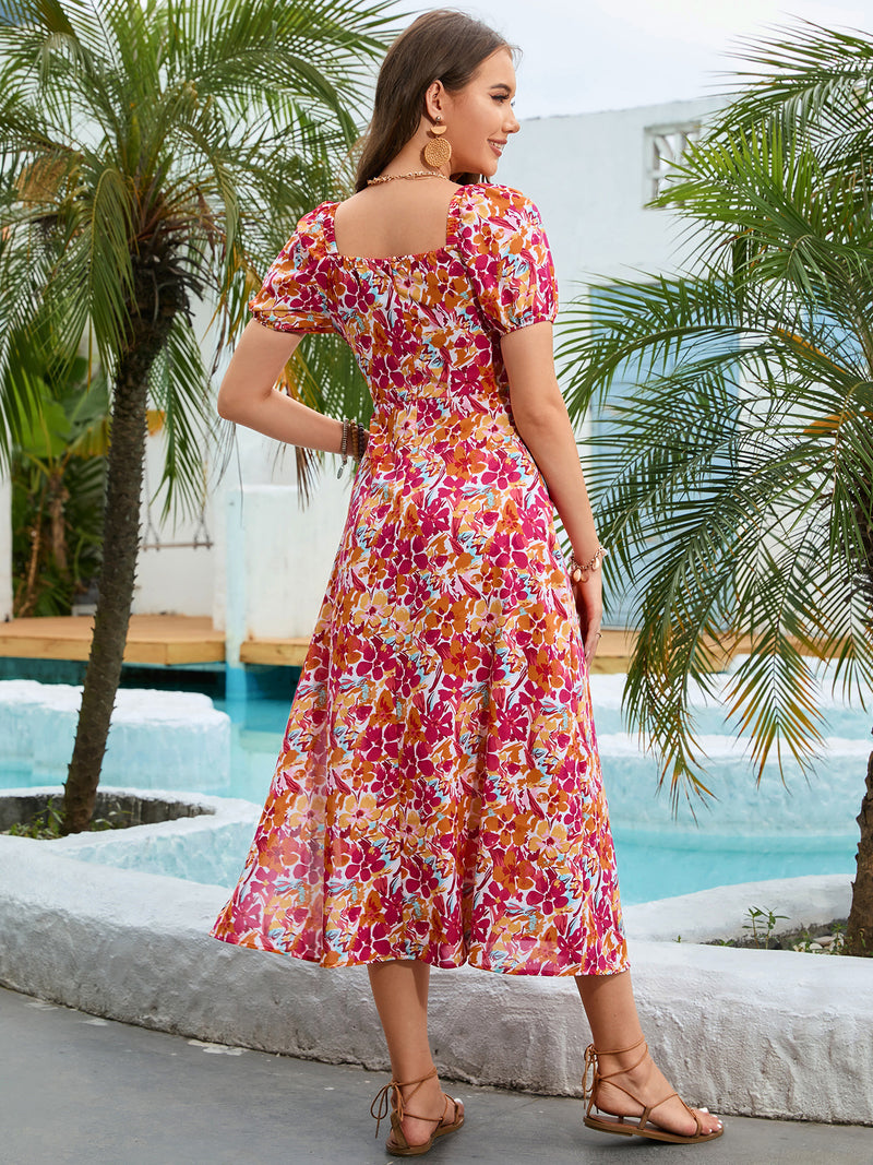 Valentina Floral Square Neck Short Sleeve Midi Dress
