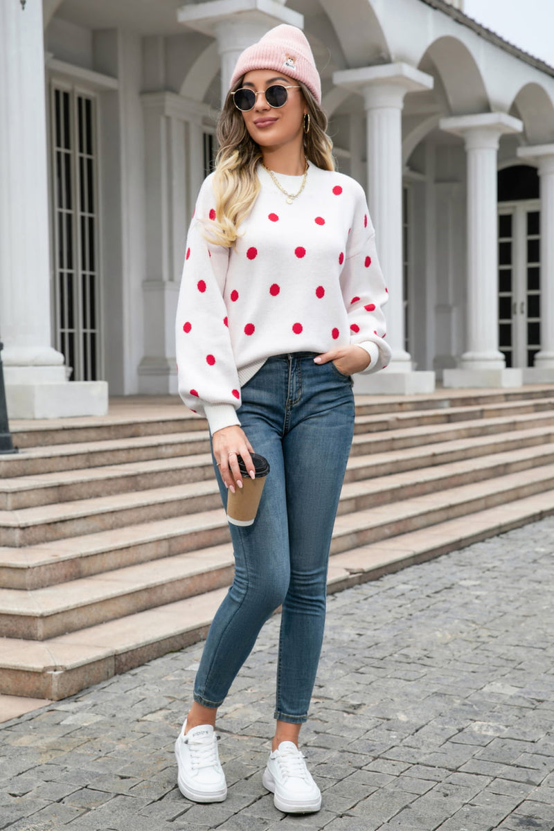 Briannon Polka Dot Round Neck Dropped Shoulder Sweater