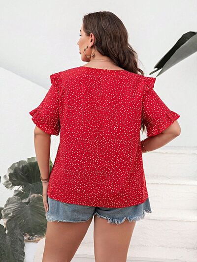 Neve Plus Size Printed Notched Flounce Sleeve Blouse