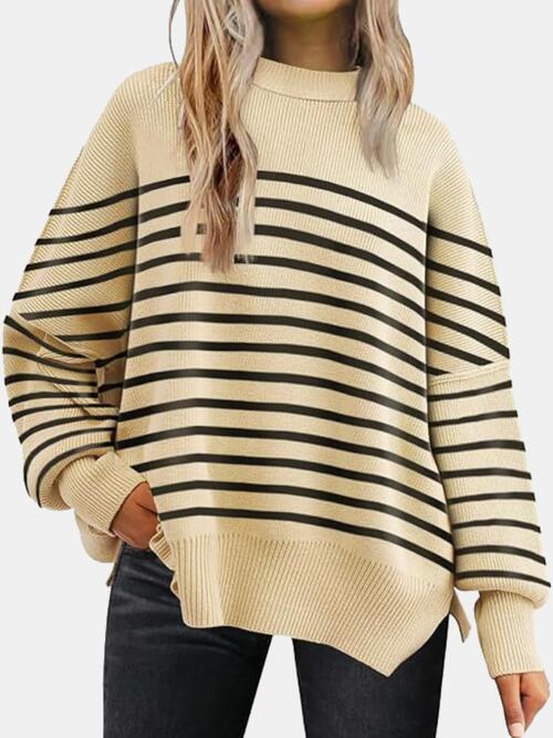 Brave Round Neck Drop Shoulder Slit Sweater