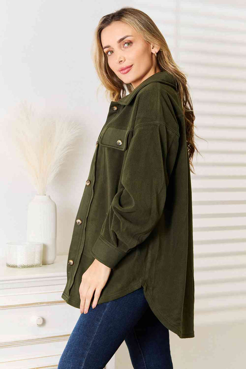 Cozy Girl Full Size Button Down Shacket in Army Green
