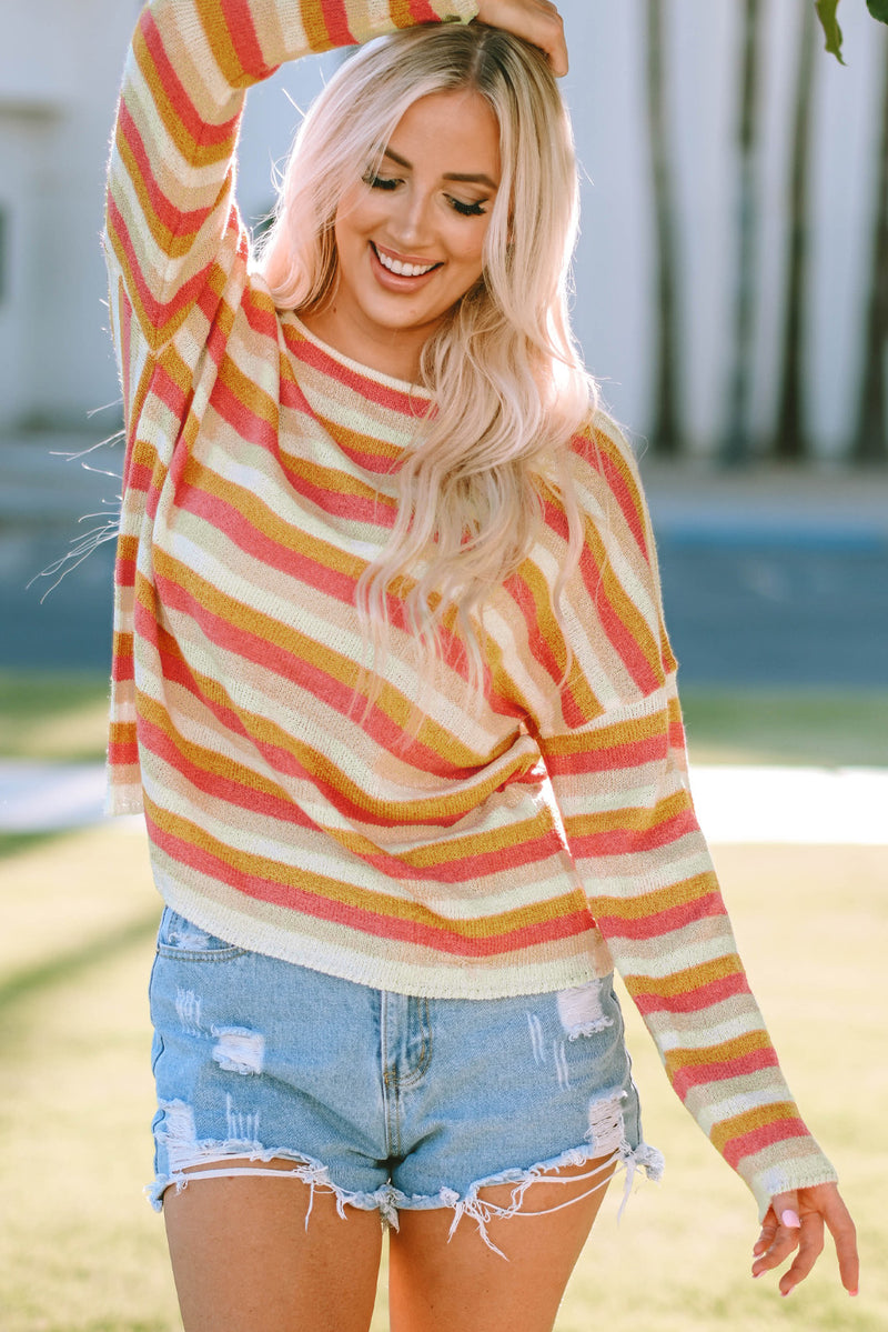 Ellie Striped Round Neck Dropped Shoulder Pullover Sweater