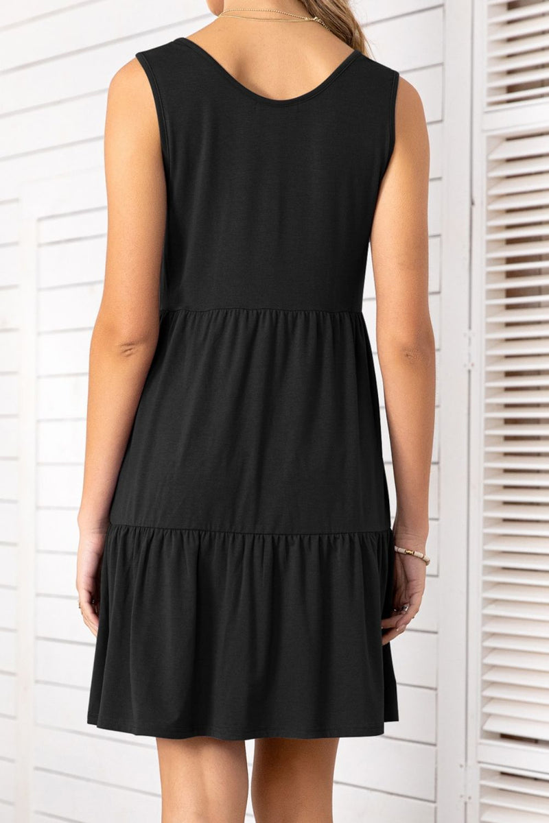 Lacey Decorative Button Scoop Neck Sleeveless Tiered Dress