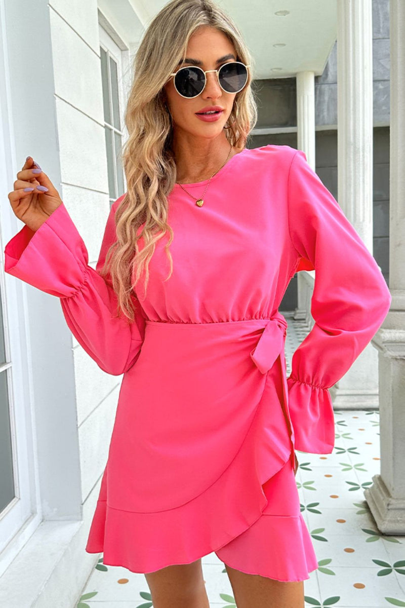 Brittany Round Neck Flounce Sleeve Ruffle Hem Mini Dress - Deal of the Day!
