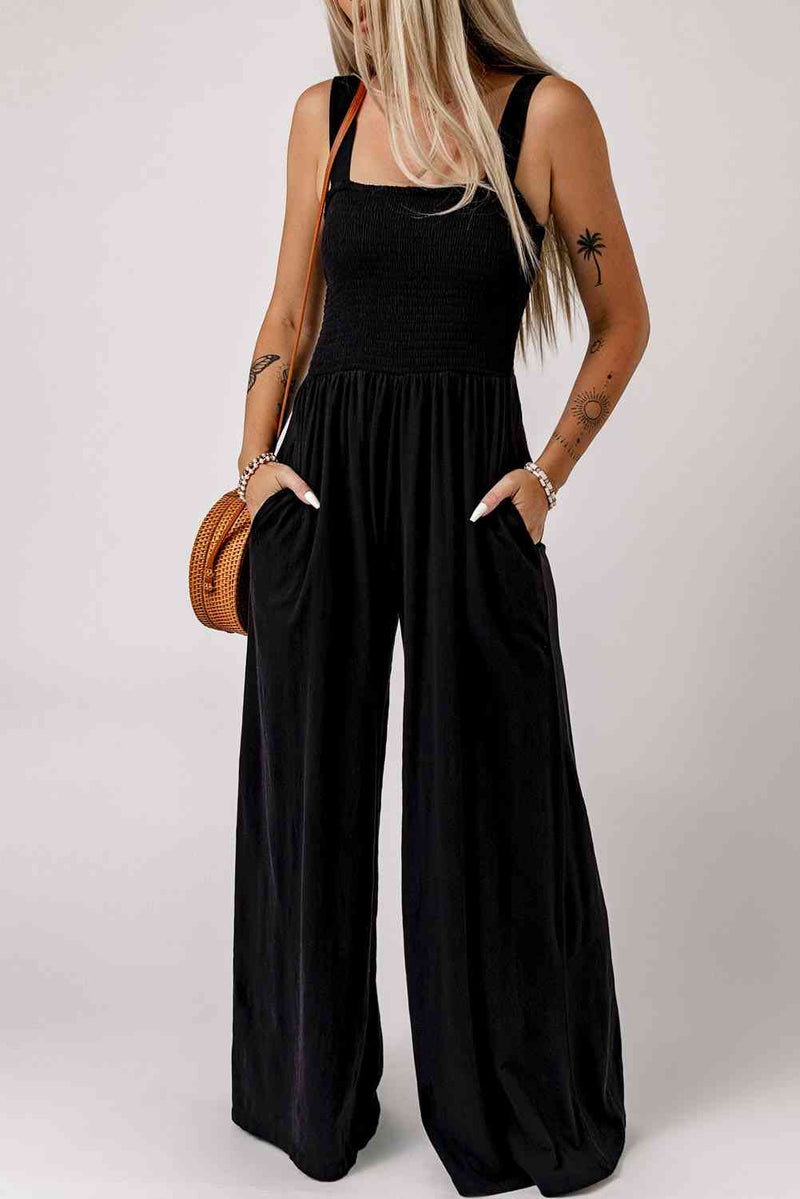 Tahlia Smocked Square Neck Wide Leg Jumpsuit with Pockets -- Deal of the day!