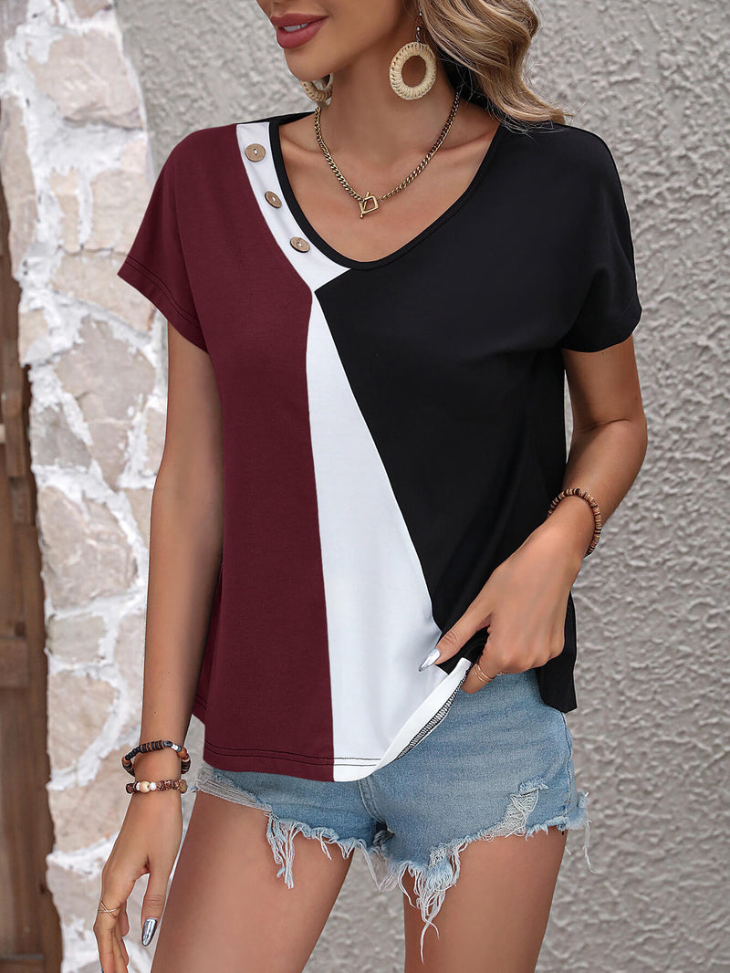 Deanna color Block Decorative Button V-Neck Tee - Deal of the Day!