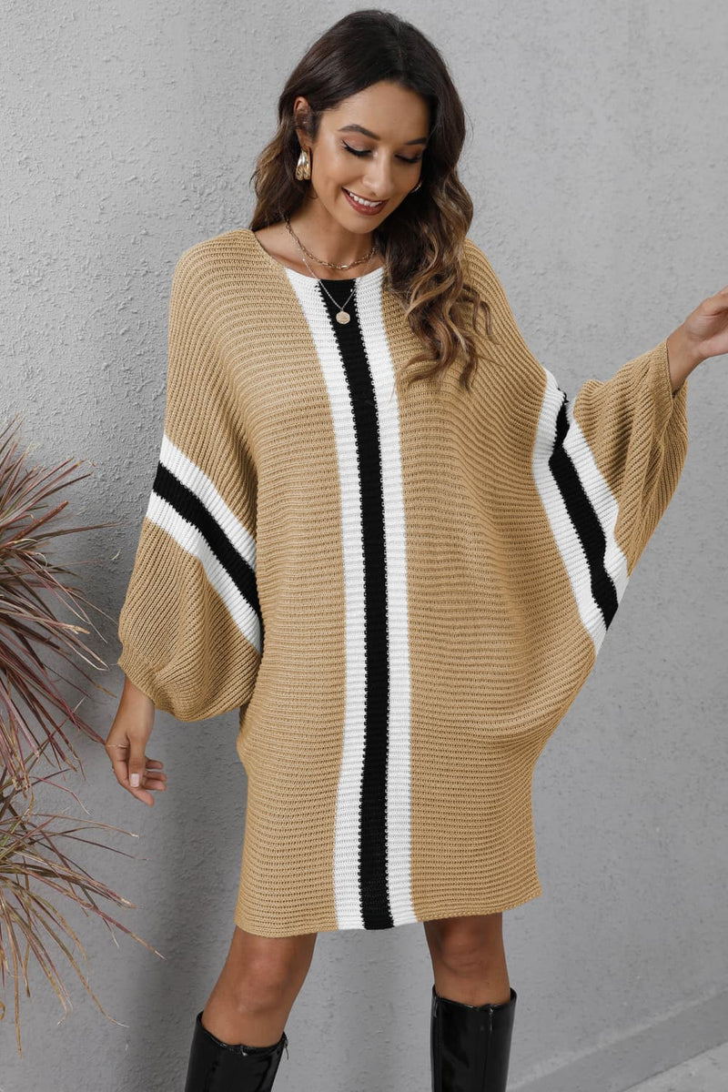 Cosette Ribbed Round Neck Long Sleeve Sweater Dress